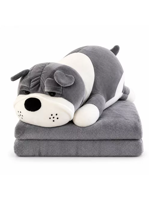 Плюшена играчка 55см, с одеяло 160x105см 3в1, Сиво куче